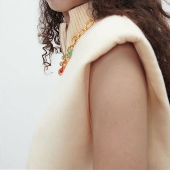 Zara NWT Plush Vest Padded Shoulders High Collar Size S Plush Ecru Light Yellow - Picture 5 of 11